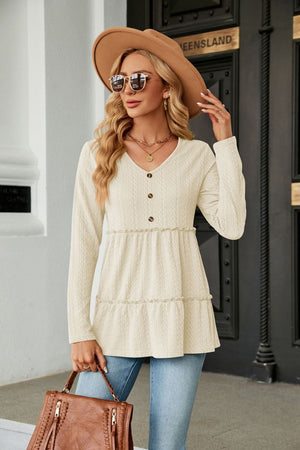 Long Sleeve V Neck Cable Knit Peplum Blouse - 9 colors