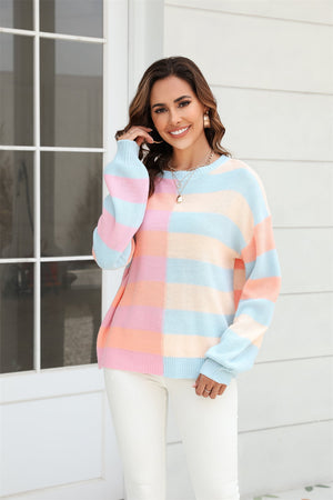 Round Neck Long Sleeve Color Block Dropped Shoulder Pullover Sweater - 3 colors