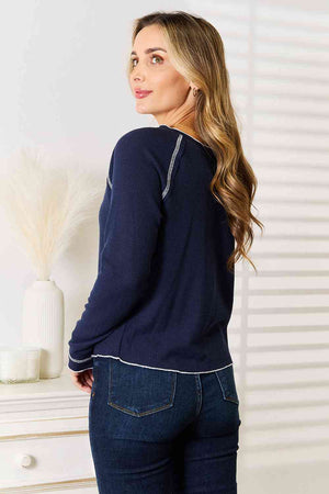 Long Raglan Sleeve Round Neck Top in Navy