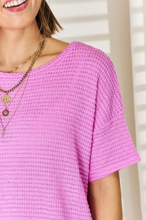 Zenana Round Neck Short Sleeve Waffle Knit Top in Bright Mauve