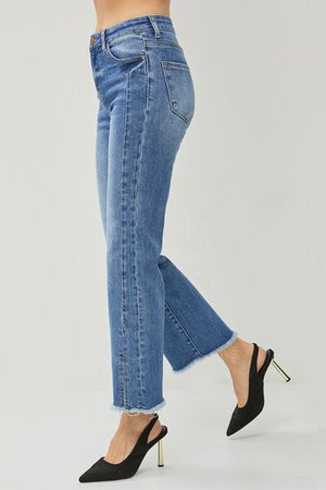 RISEN High Waist Front Seam Raw Hem Slit Straight Leg Jeans