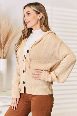 Button-Down Long Sleeve Hooded Sweater in Tan