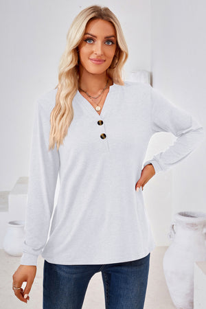 V Neck Buttoned Long Sleeve Blouse - 7 colors