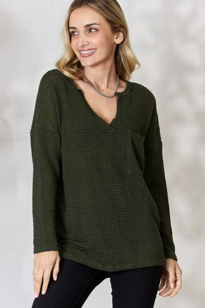 BiBi Notched Popcorn Waffle Long Sleeve Top Olive