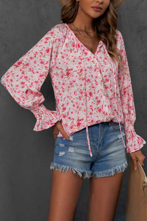 Tie-Neck Flounce Long Sleeve Lightweight Blouse