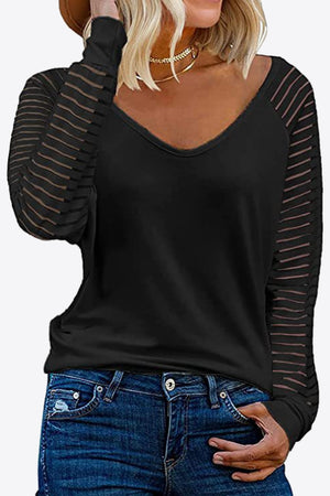 Soft V Neck Long Raglan Striped Sheer Sleeve Top - 9 colors