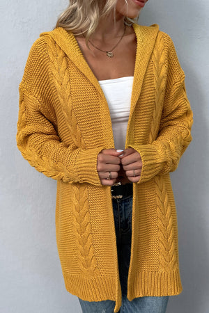 Cable Knit Dropped Shoulder Hooded Thigh length Cardigan - 4 colors