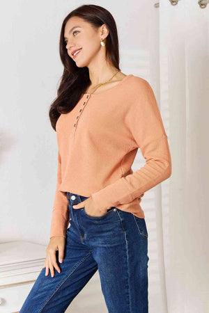 Half Button Long Sleeve Top Pumpkin