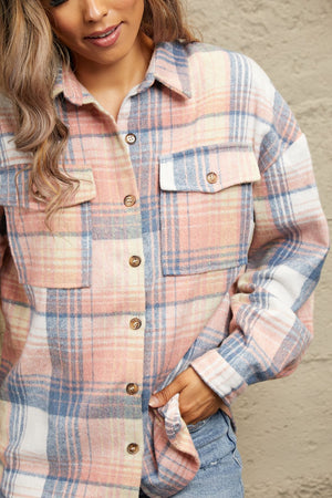 Plaid Flannel Dropped Shoulder Shacket Pink/Blue