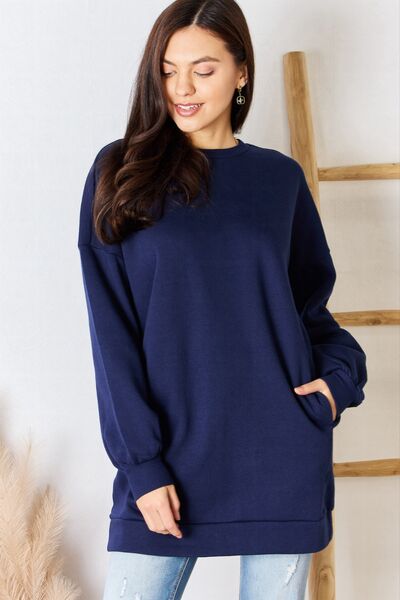 Zenana Oversized Round Neck Long Sleeve Sweatshirt Navy
