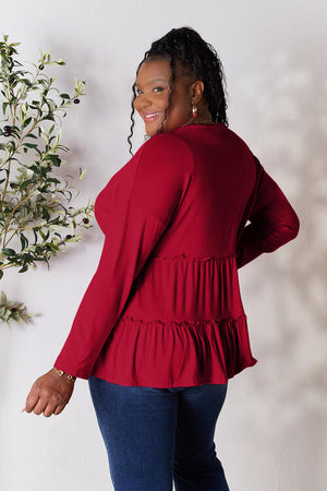 Half Button Long Sleeve Ruffle Hem Blouse - 7 colors