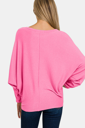 Zenana Ribbed Round Neck Long Sleeve Top in Candy Pink