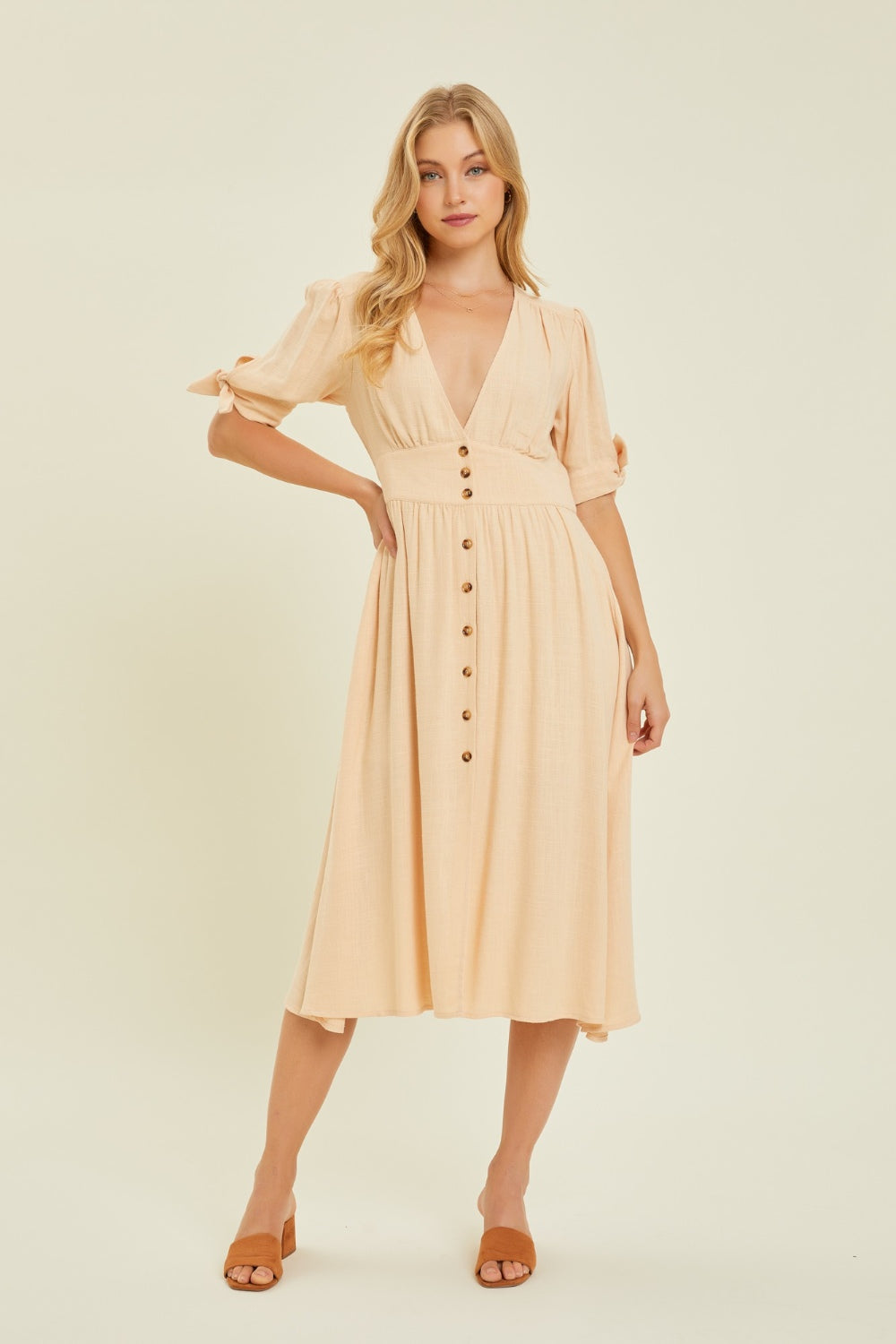 Textured Linen V-Neck Button-Down Midi Dress in Cream