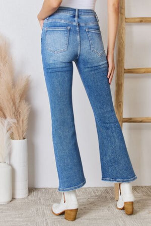 RISEN High Rise Front Seam Uneven Hem Ankle Flare Jeans