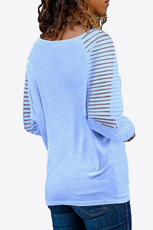 Soft V Neck Long Raglan Striped Sheer Sleeve Top - 9 colors