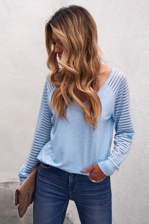 Sheer Striped Sleeve V-Neck Top - 3 colors