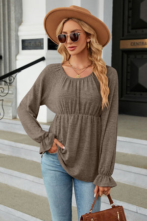 Round Neck Flounce Sleeve Peplum Blouse - 6 colors