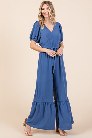 V Neck Belted Wide Leg Jumpsuit in Denim Blue