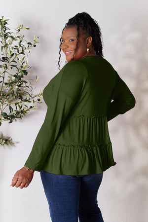 Half Button Long Sleeve Ruffle Hem Blouse - 7 colors