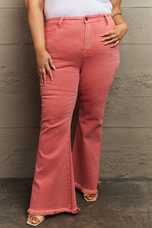 RISEN Hi Waist Side Slit Flare Jeans in Coral