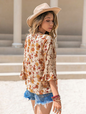 Floral V Neck Spliced Lace Boho Western Blouse