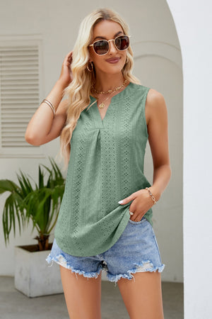 Notched Neck Curved Hem Eyelet Tank - 8 colors