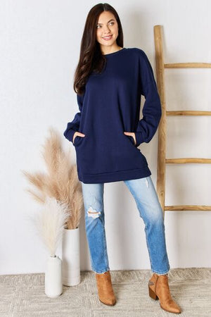 Zenana Oversized Round Neck Long Sleeve Sweatshirt Navy