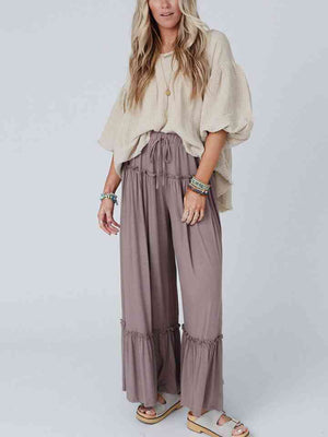 Wide Leg Ruffle Trim Pants in Dusty Purple