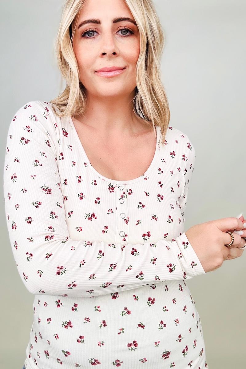FawnFit Ditsy Floral Henley Long Sleeve Top with Built in Bra - 2