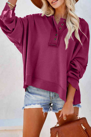 Quarter-Button Exposed Seam Dropped Shoulder Hoodie - 12 colors