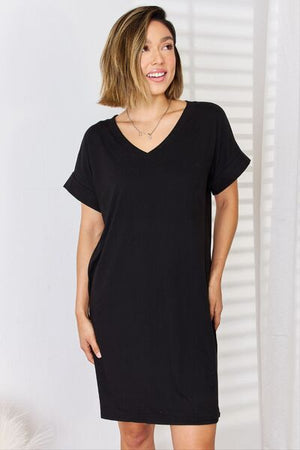 Zenana Rolled Short Sleeve V-Neck Dress