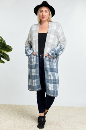 Davi & Dani Color Block Plaid Pattern Long Cardigan