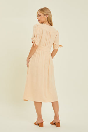 Textured Linen V-Neck Button-Down Midi Dress in Cream
