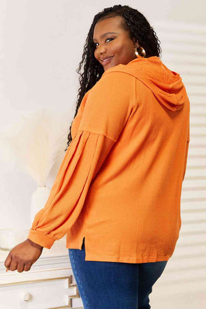 Side Slit Buttoned Waffle Knit Hoodie in orange