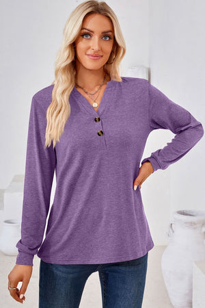 V Neck Buttoned Long Sleeve Blouse - 7 colors