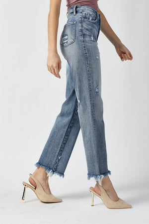 RISEN High Waist Raw Hem Vintage Wash Straight Leg Ankle Jeans