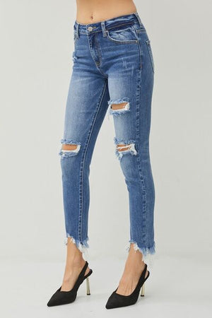 RISEN High Rise Distressed Frayed Hem Skinny Jeans