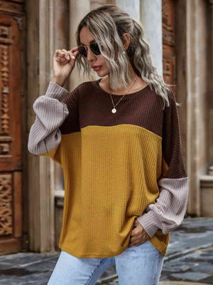 Color Block Waffle-Knit Long Sleeve Top - 3 colors