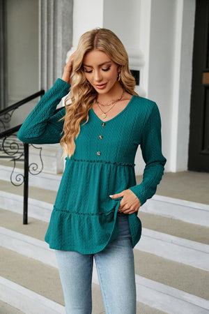 Long Sleeve V Neck Cable Knit Peplum Blouse - 9 colors