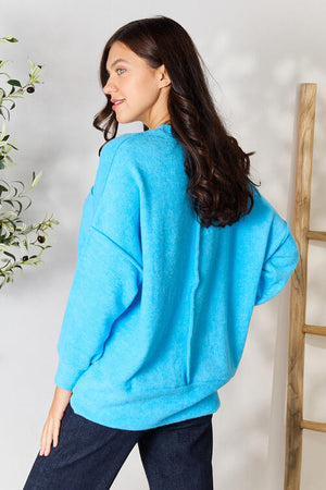 Zenana Round Neck Long Sleeve Sweater with Pocket Deep Sky