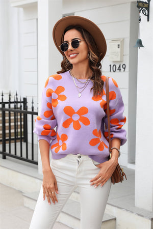 Floral Print Round Neck Dropped Shoulder Pullover Sweater - 5 colors