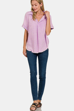 Zenana Washed Linen Raw Hem V-Neck Shirt Bright Lavender