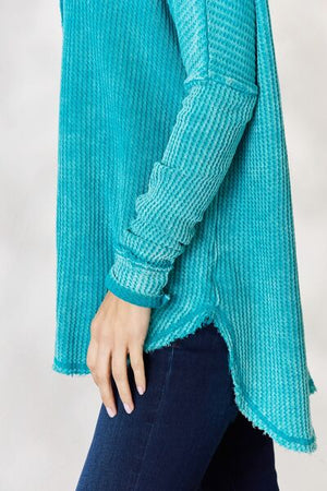 Zenana Oversized Washed Waffle Long Sleeve Top in Light Teal