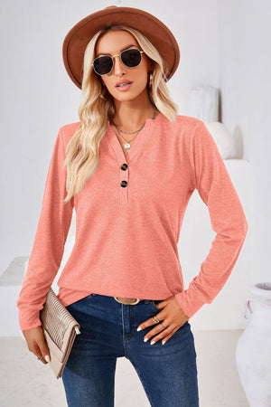 V Neck Buttoned Long Sleeve Blouse - 7 colors