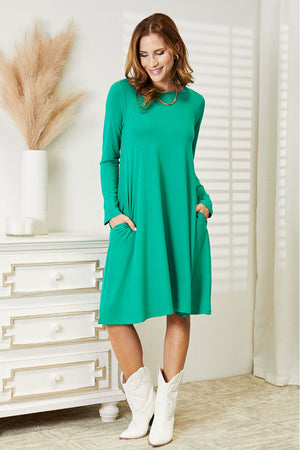 Zenana Long Sleeve Flare Dress with Pockets in Green