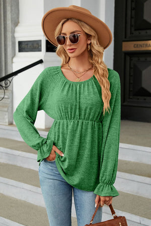 Round Neck Flounce Sleeve Peplum Blouse - 6 colors