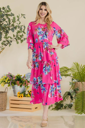 Floral Ruffle Tiered Midi Dress in Fuchsia or Navy Floral