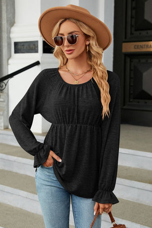 Round Neck Flounce Sleeve Peplum Blouse - 6 colors