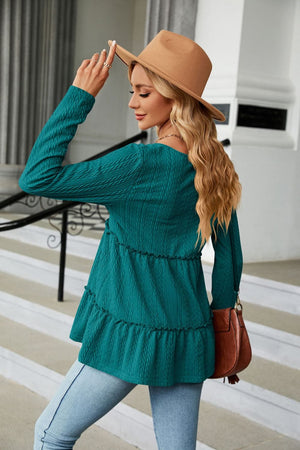 Long Sleeve V Neck Cable Knit Peplum Blouse - 9 colors