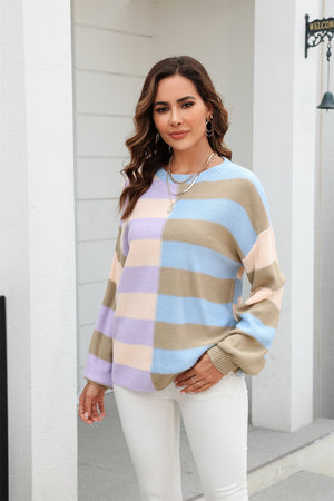 Round Neck Long Sleeve Color Block Dropped Shoulder Pullover Sweater - 3 colors